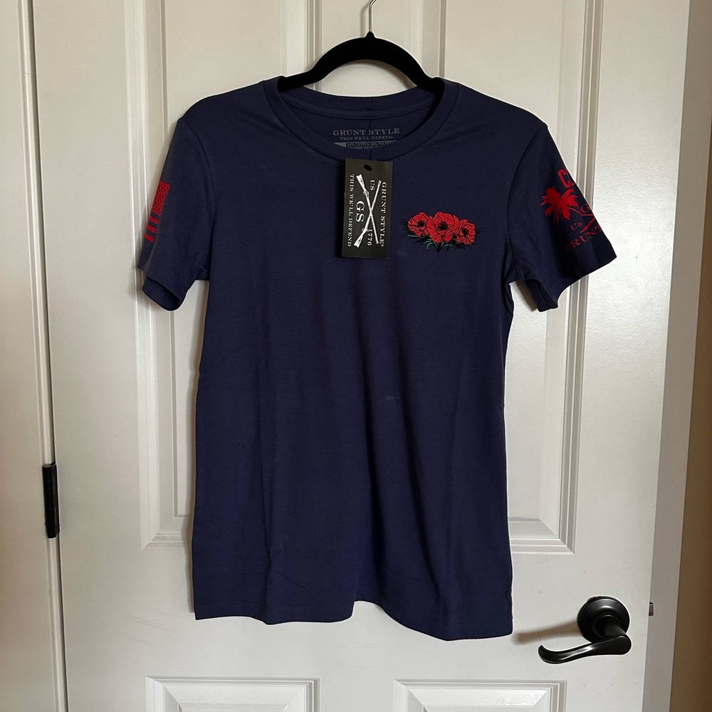 Grunt Style Navy Blue Short Sleeve Tee with Red Accents